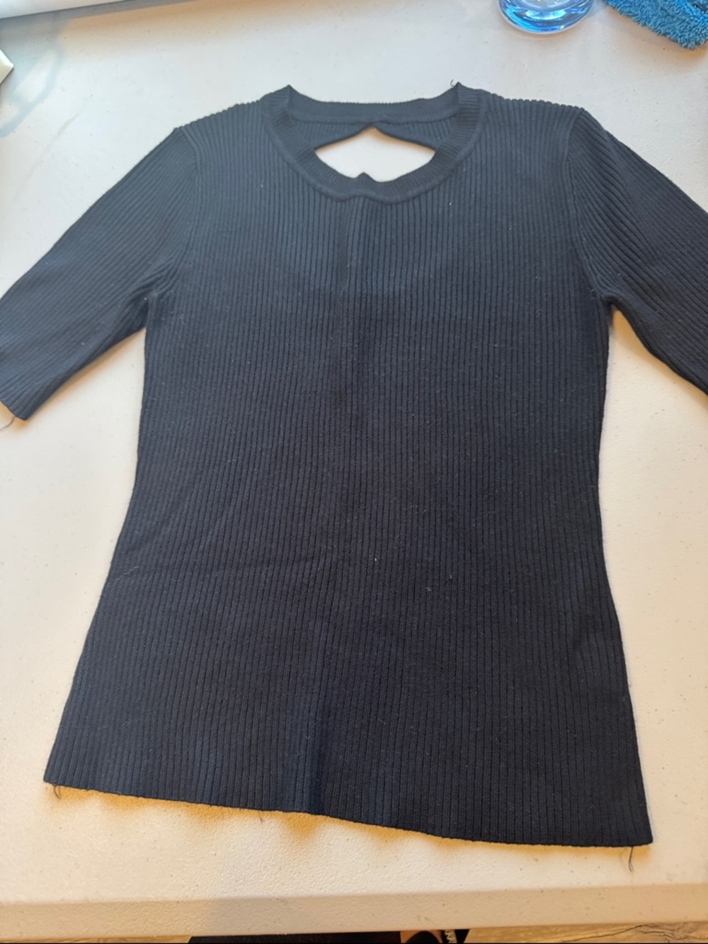 Catherine Malandrino Black Ribbed Short-Sleeve Top with Front Cutout